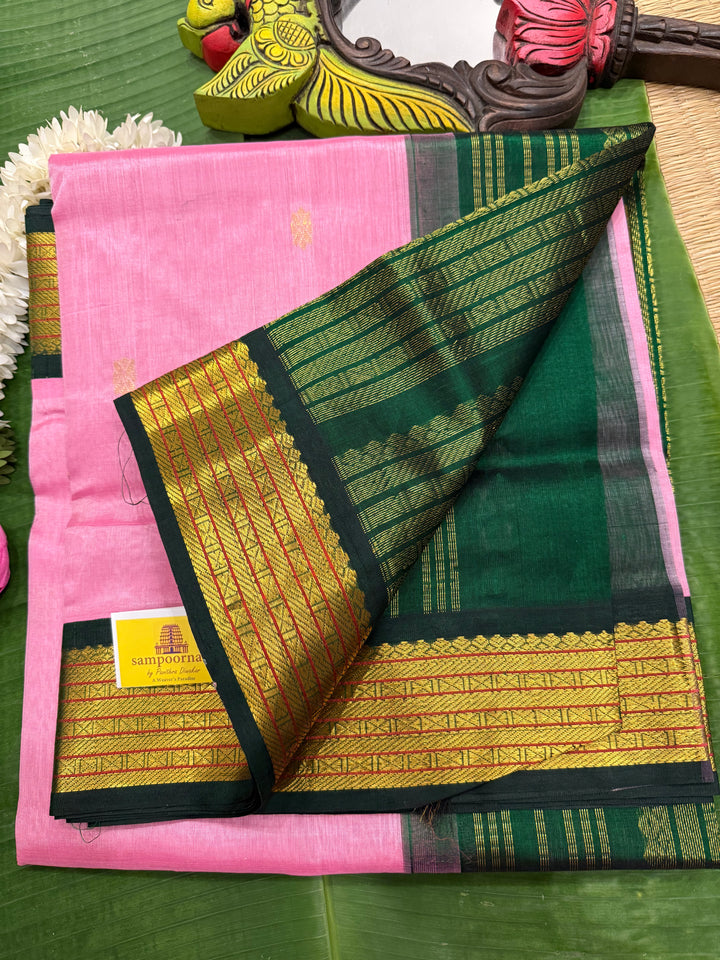 Baby Pink with Dark Green , Zari butta in the body , traditional borders and rich Pallu  Korvai Silk Cotton Saree