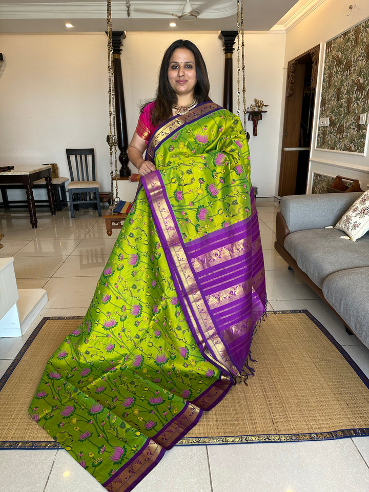 Green with Purple Pichwai Printed Korvai Silk Cotton Saree