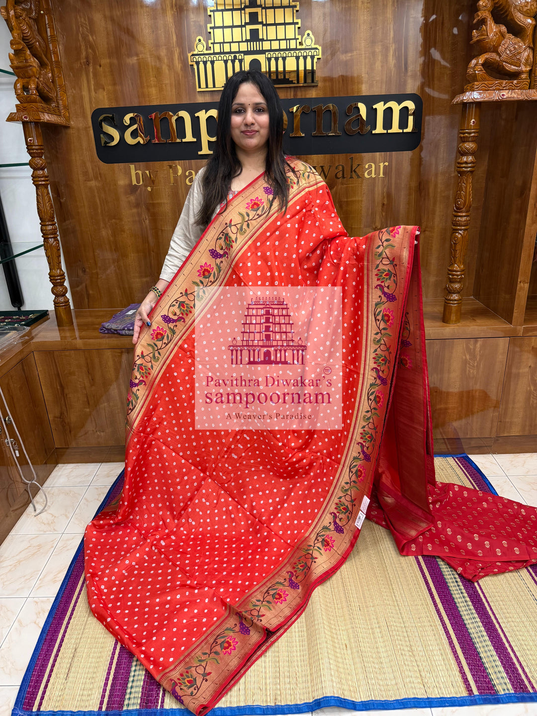 Sunset Orange With Red , Bandhini prints in the body , with Paithani rich Zari borders and Pallu , Banarasi blouse , Pure Vegan Silk Saree