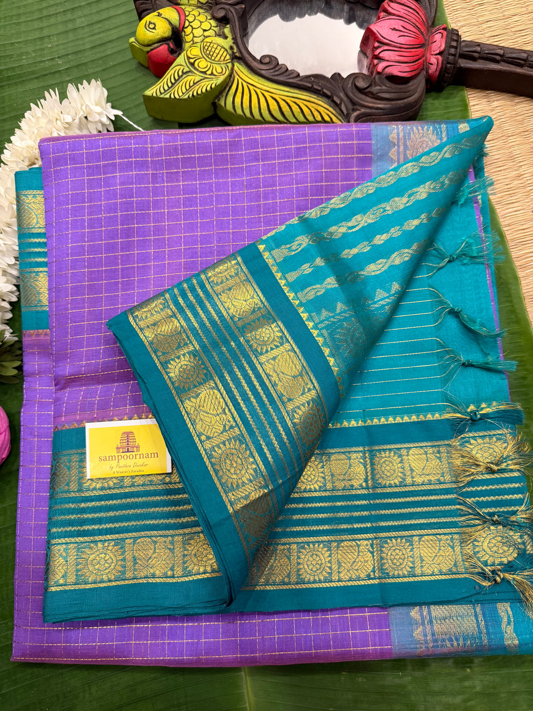 Lavender with Turquoise Blue Zari Kattam in the body , rettapet traditional border and rich Pallu  Korvai Silk Cotton Saree