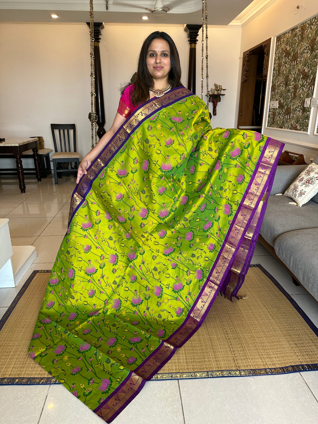 Green with Purple Pichwai Printed Korvai Silk Cotton Saree