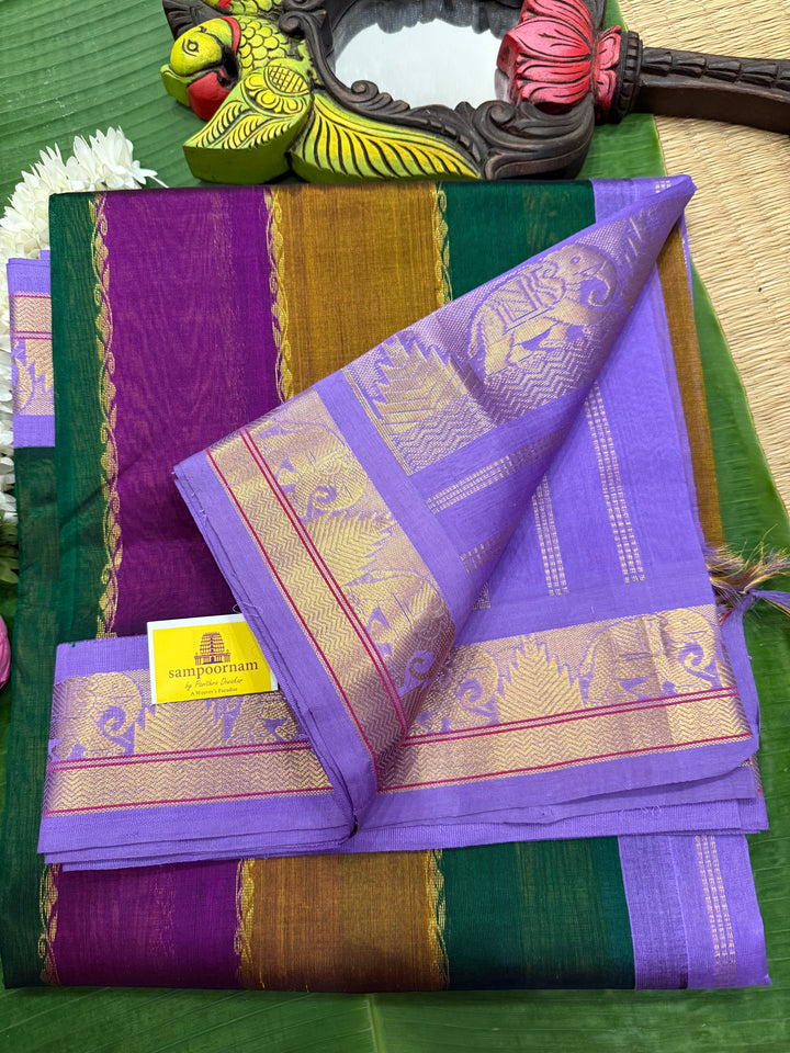 A Fusion of colours Green , Purple and Vendhayam with Lavender , traditional borders and rich Pallu Korvai Silk Cotton Saree