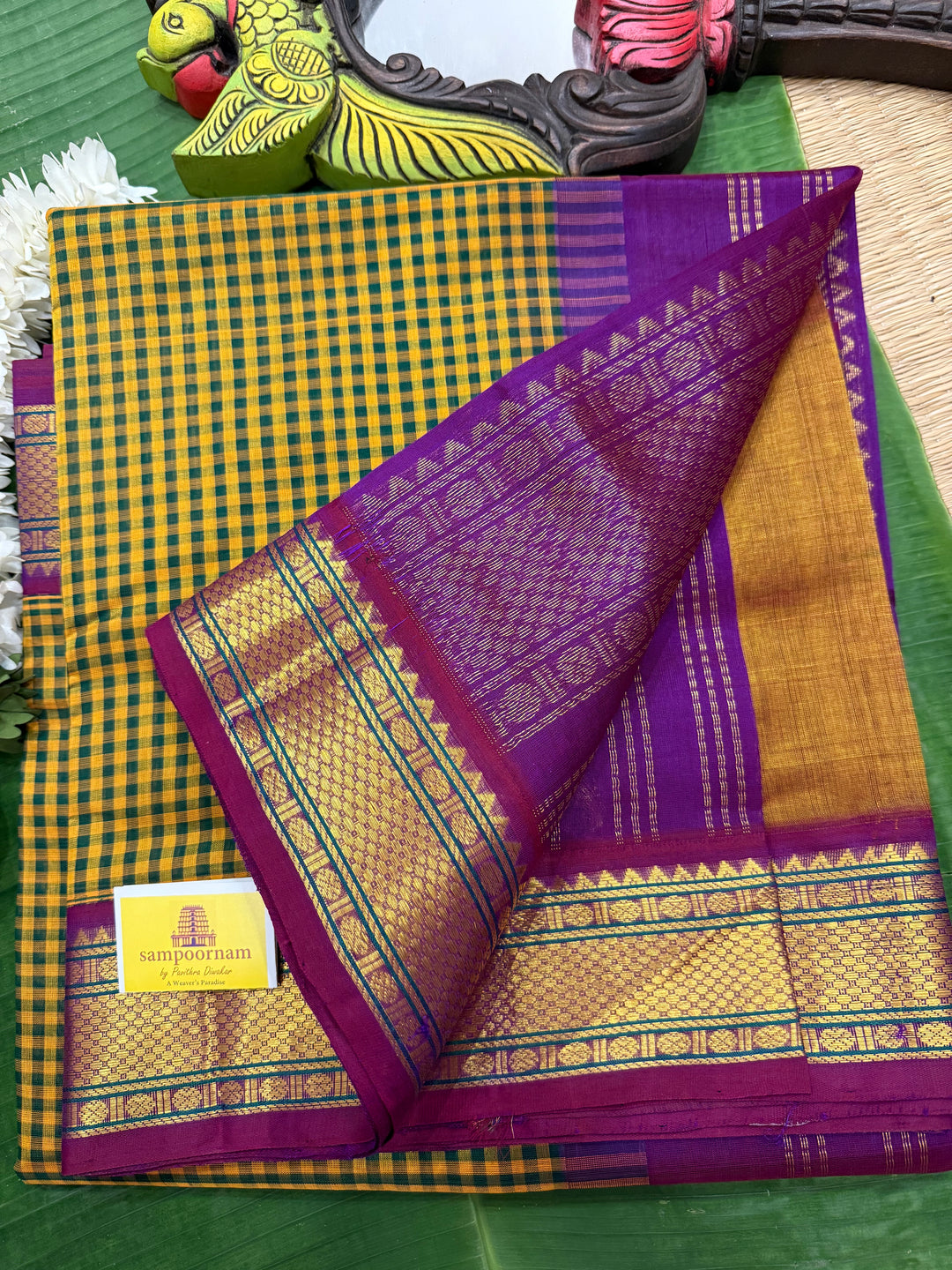 Mustard and Green podi kattam with Purple traditional borders and rich Pallu Korvai Silk Cotton Saree