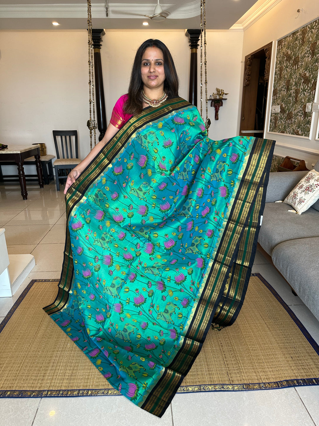 Ramar Blue with Black Pichwai Printed Korvai Silk Cotton Saree