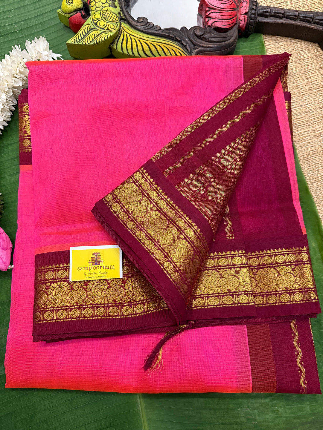 Lotus Pink With Araku , traditional borders and rich Pallu Korvai Silk Cotton Saree