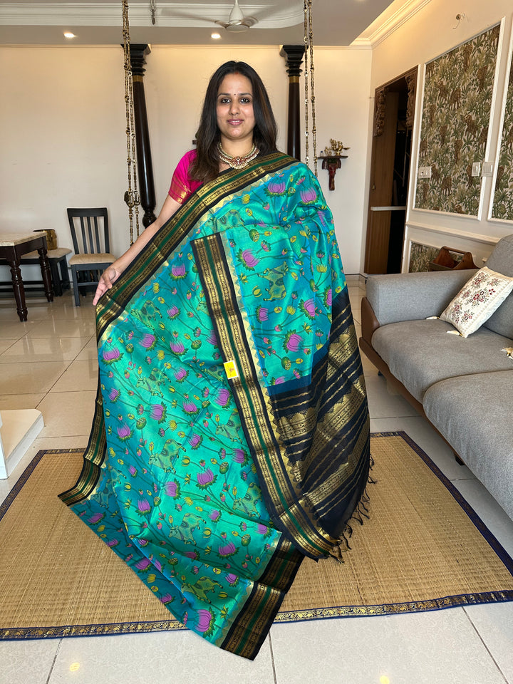 Ramar Blue with Black Pichwai Printed Korvai Silk Cotton Saree