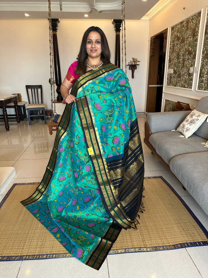 Ramar Blue with Black Pichwai Printed Korvai Silk Cotton Saree