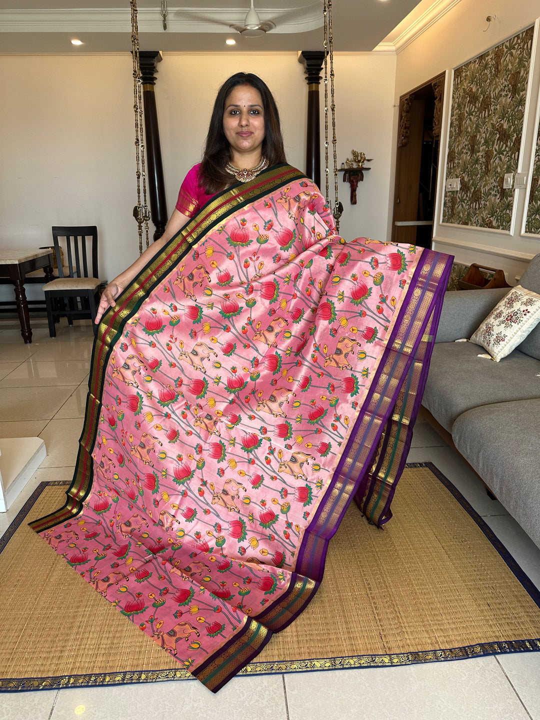 Onion Pink with Purple Ganga Jamuna Border Pichwai Printed Korvai Silk Cotton Saree