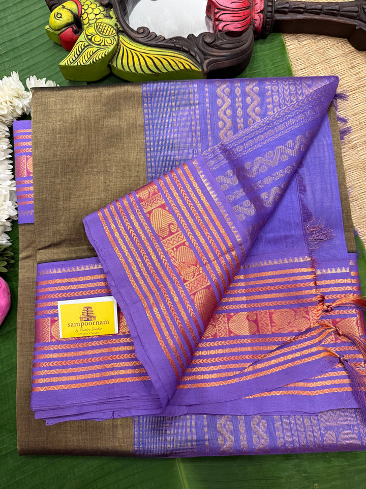 Army Green with Lavender , big rich Kanchi traditional border and rich Pallu Korvai Silk Cotton Saree3