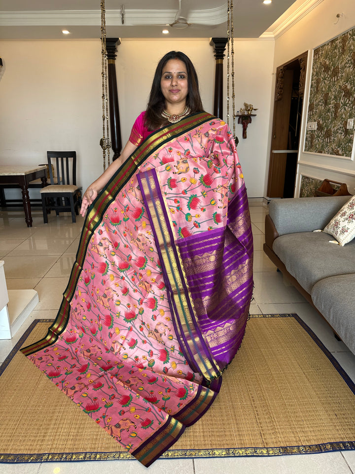 Onion Pink with Purple Ganga Jamuna Border Pichwai Printed Korvai Silk Cotton Saree