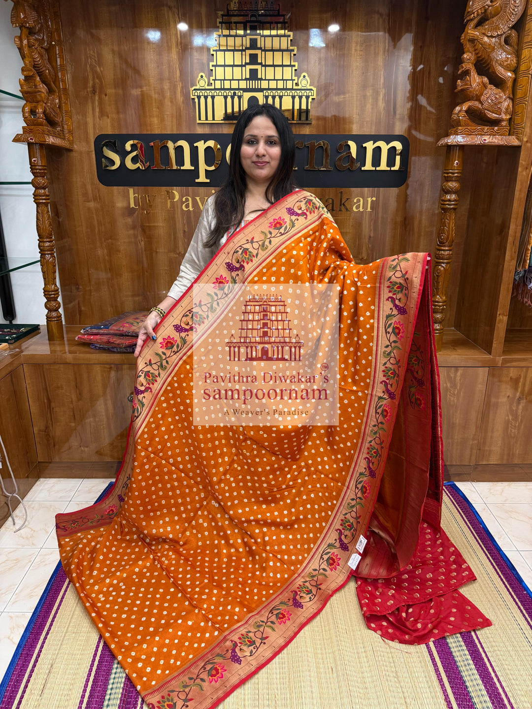 Mustard Yellow , Bandhini prints in the body , with Paithani rich Zari borders and Pallu , Banarasi blouse , Pure Vegan Silk Saree