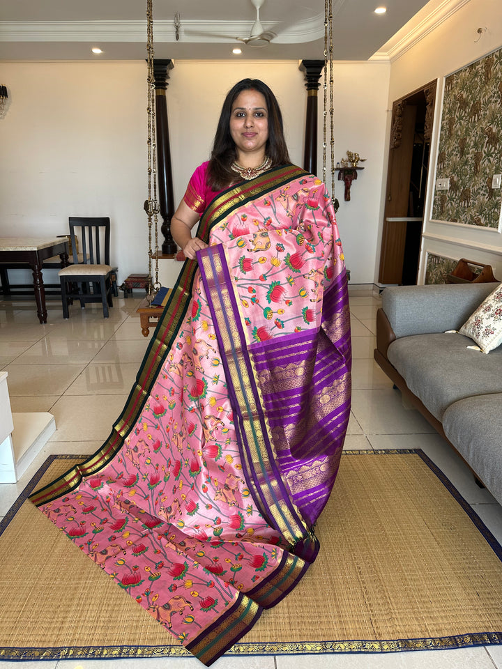 Onion Pink with Purple Ganga Jamuna Border Pichwai Printed Korvai Silk Cotton Saree