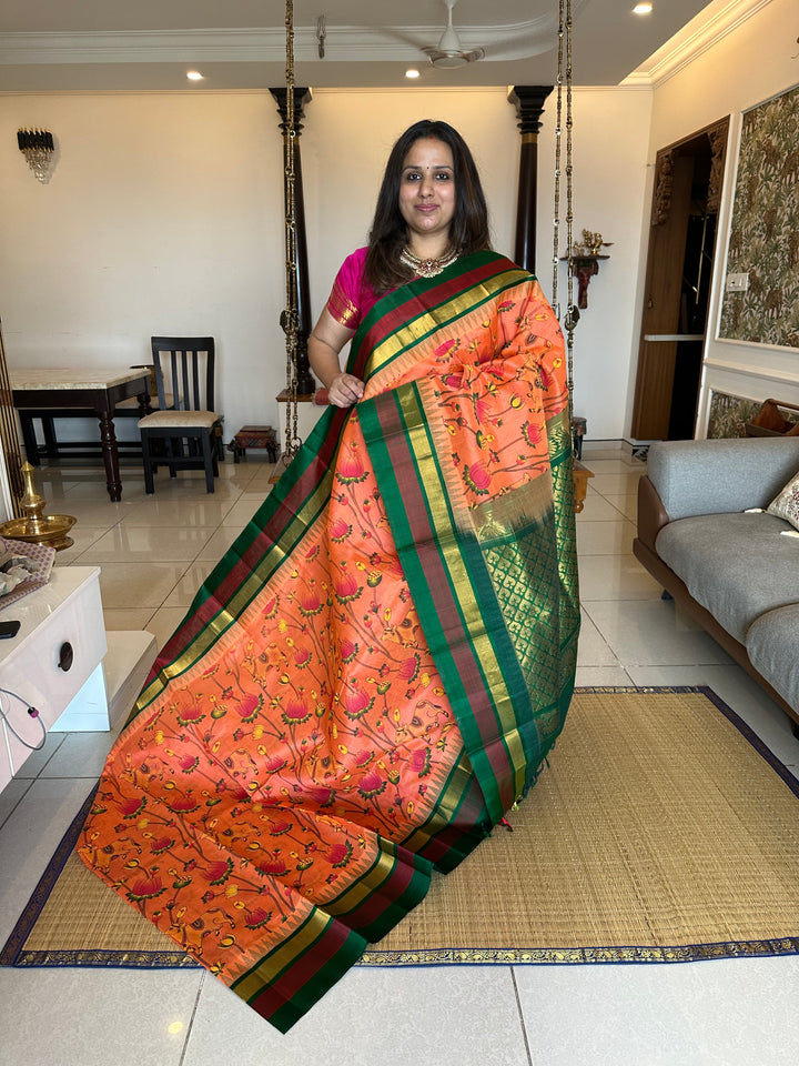 Peachish Orange Triple Temple Border Pichwai Printed Korvai Silk Cotton Saree