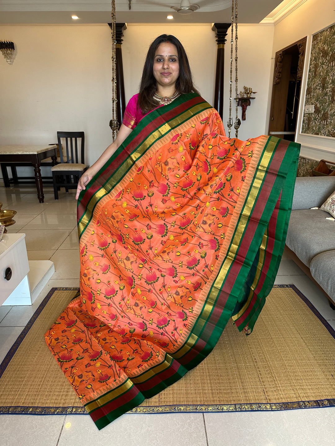 Peachish Orange Triple Temple Border Pichwai Printed Korvai Silk Cotton Saree