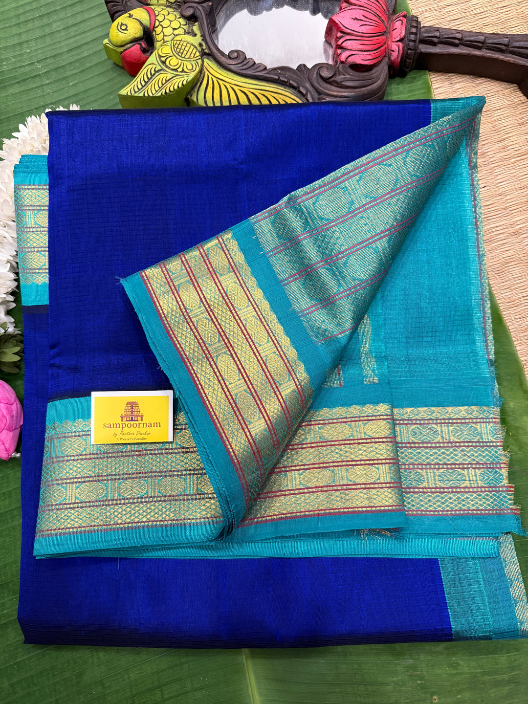 Dark Blue with Turquoise Blue , traditional borders and rich Pallu Korvai Silk Cotton Saree