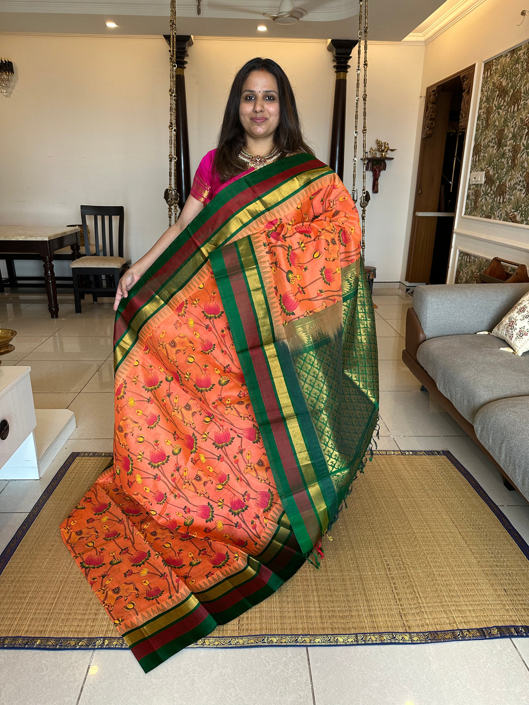 Peachish Orange Triple Temple Border Pichwai Printed Korvai Silk Cotton Saree