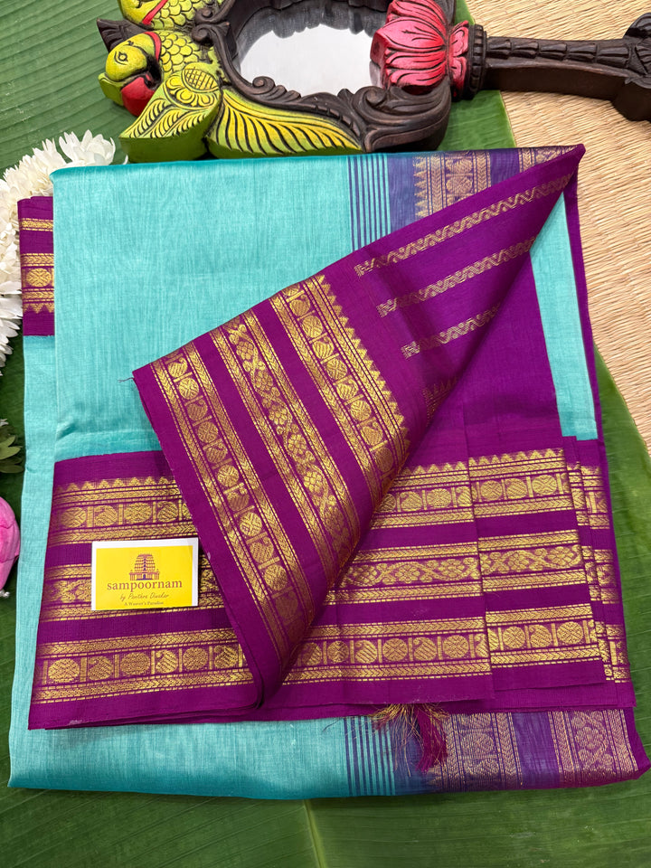Teal with Purple one side big , Kanchi borders  and rich Pallu  Korvai Silk Cotton Saree