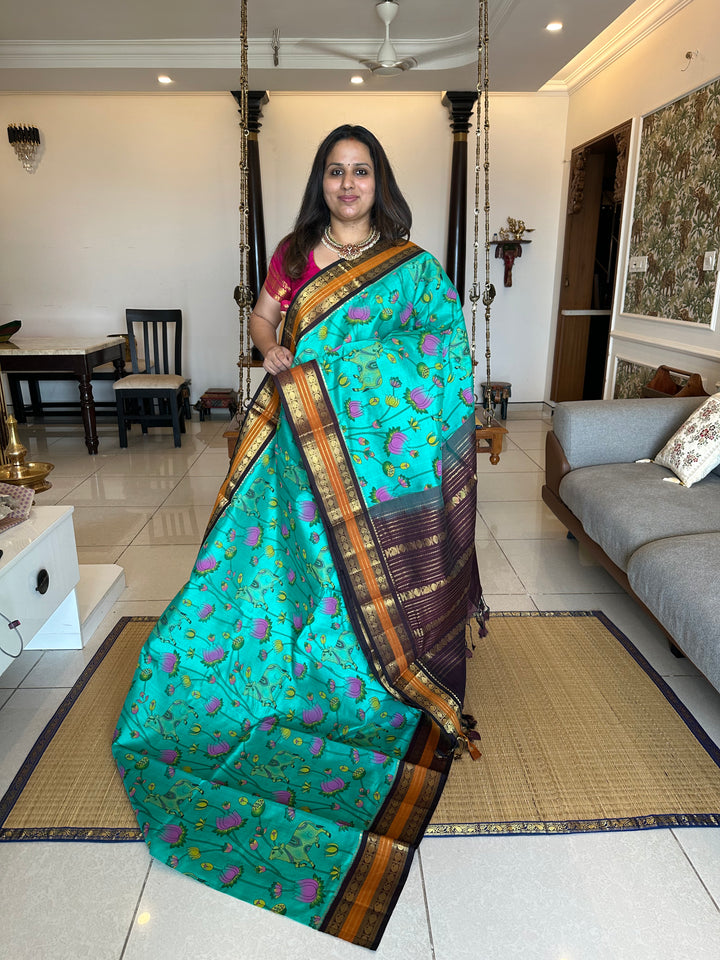 Ramar Blue with Brown Traditional Rudraksh Border Pichwai Printed Korvai Silk Cotton Saree