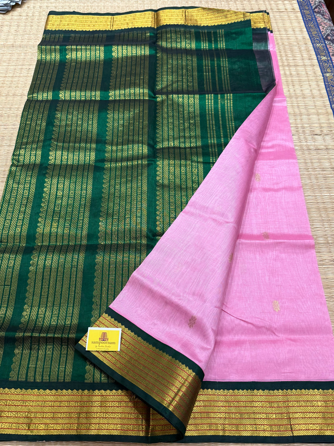 Baby Pink with Dark Green , Zari butta in the body , traditional borders and rich Pallu  Korvai Silk Cotton Saree