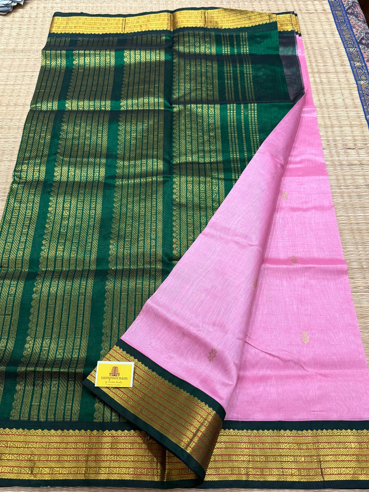 Baby Pink with Dark Green , Zari butta in the body , traditional borders and rich Pallu  Korvai Silk Cotton Saree