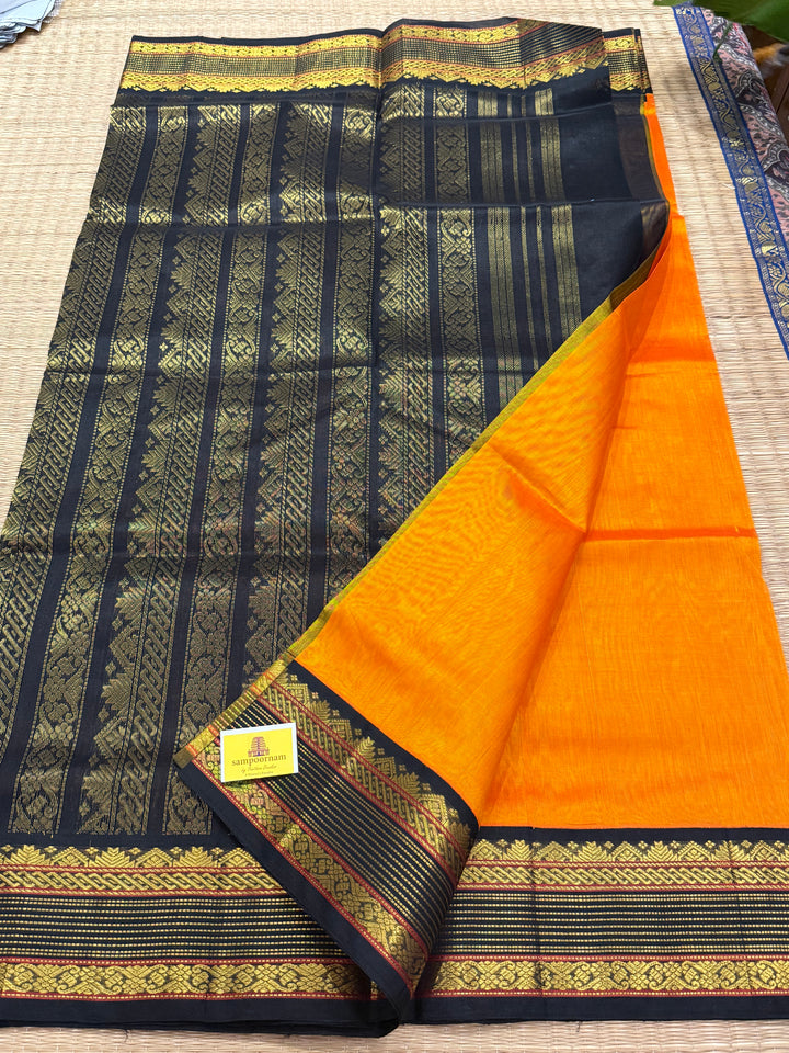 Mambazha Manjal with Black traditional borders with rich Pallu  Korvai Silk Cotton Saree