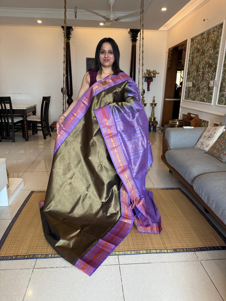Army Green with Lavender , big rich Kanchi traditional border and rich Pallu Korvai Silk Cotton Saree3