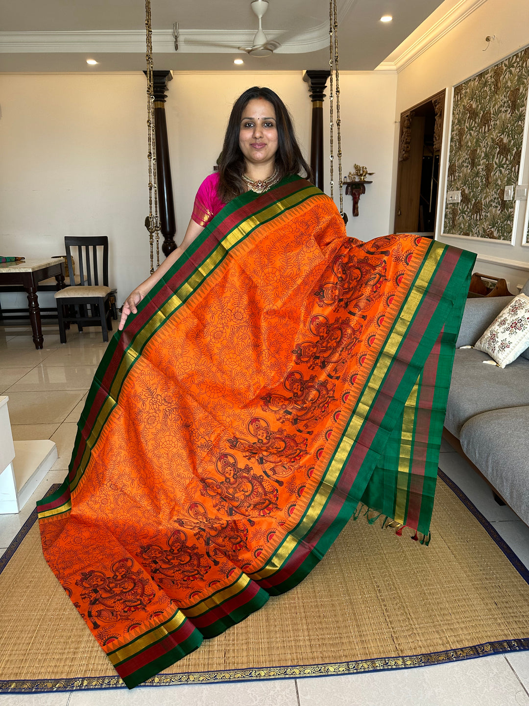 Orange With Green Triple Temple Border Radha Krishna Printed Korvai Silk Cotton Saree