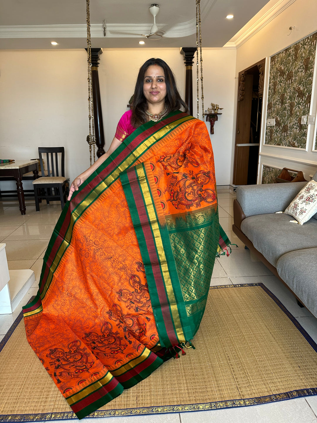 Orange With Green Triple Temple Border Radha Krishna Printed Korvai Silk Cotton Saree