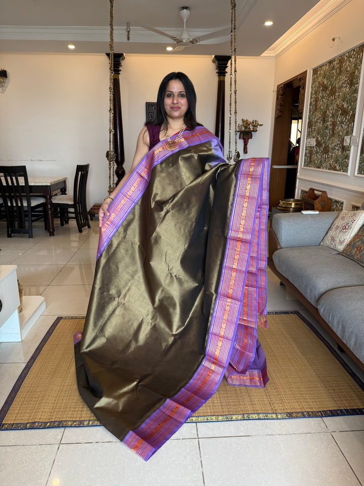 Army Green with Lavender , big rich Kanchi traditional border and rich Pallu Korvai Silk Cotton Saree3