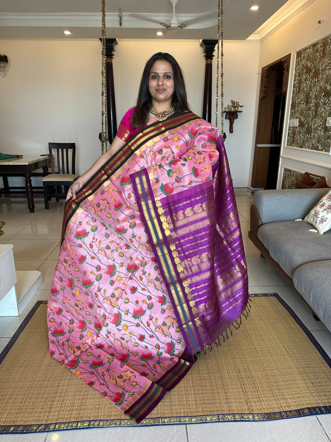 Onion Pink with Purple Ganga Jamuna Border Pichwai Printed Korvai Silk Cotton Saree