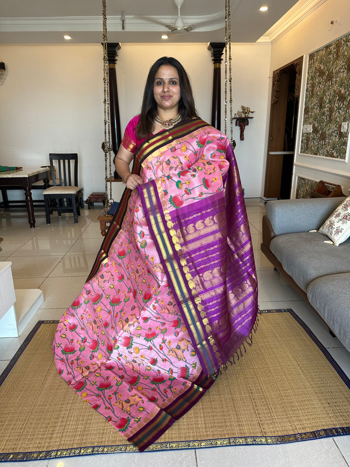 Onion Pink with Purple Ganga Jamuna Border Pichwai Printed Korvai Silk Cotton Saree