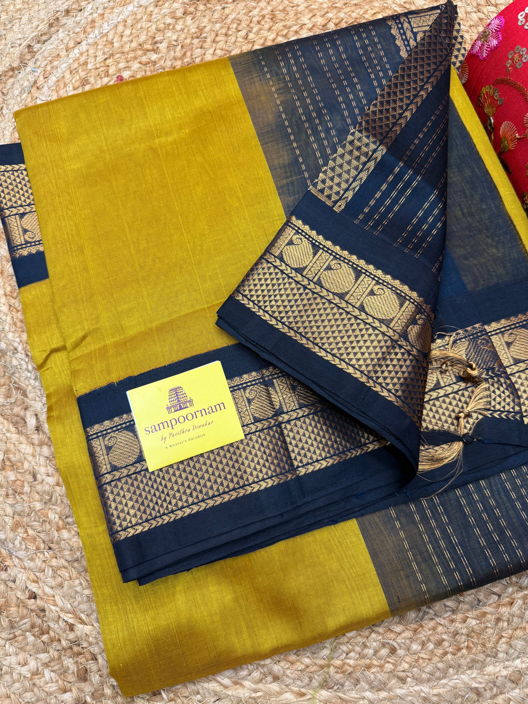 Mustard with Dark Blue , Traditional  borders and rich Pallu Korvai Silk Cotton Saree