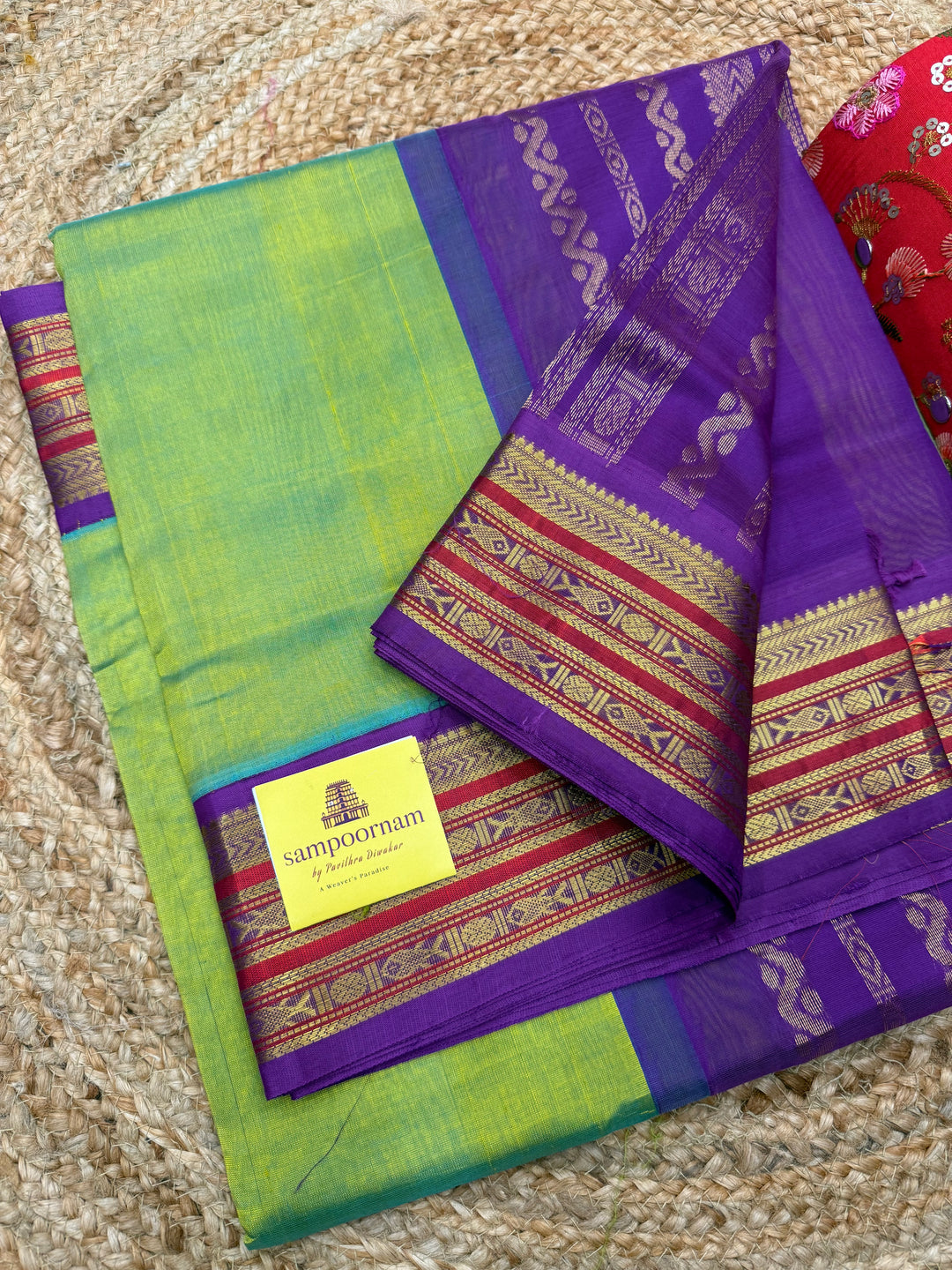 Double Sea Green with Purple , Traditional Borders and Rich Pallu Korvai Silk Cotton Saree