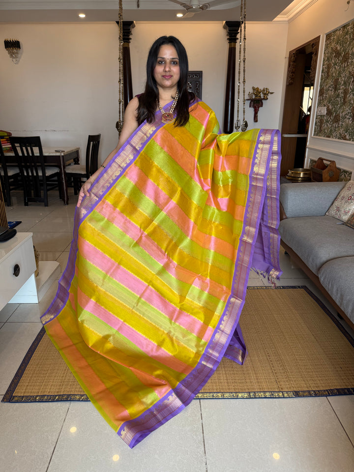 A Fusion of colours Pastel Pink , Yellow and Green with Lavender , traditional borders and rich Pallu Korvai Silk Cotton Saree