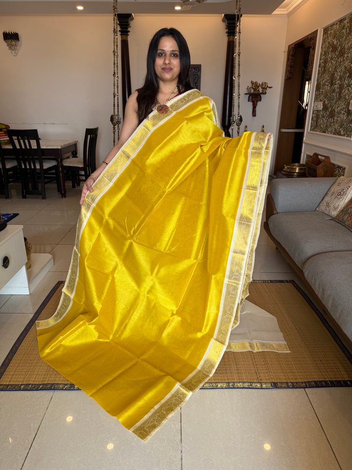 Yellow with Offwhite , traditional borders and rich Pallu Korvai Silk Cotton Saree