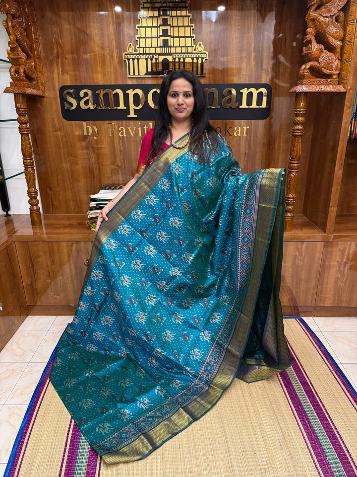 Turquoise Blue with Green  , Pochampally inspired designs in the body and traditional Kanchi Pallu , Semi Pochampally Silk Saree