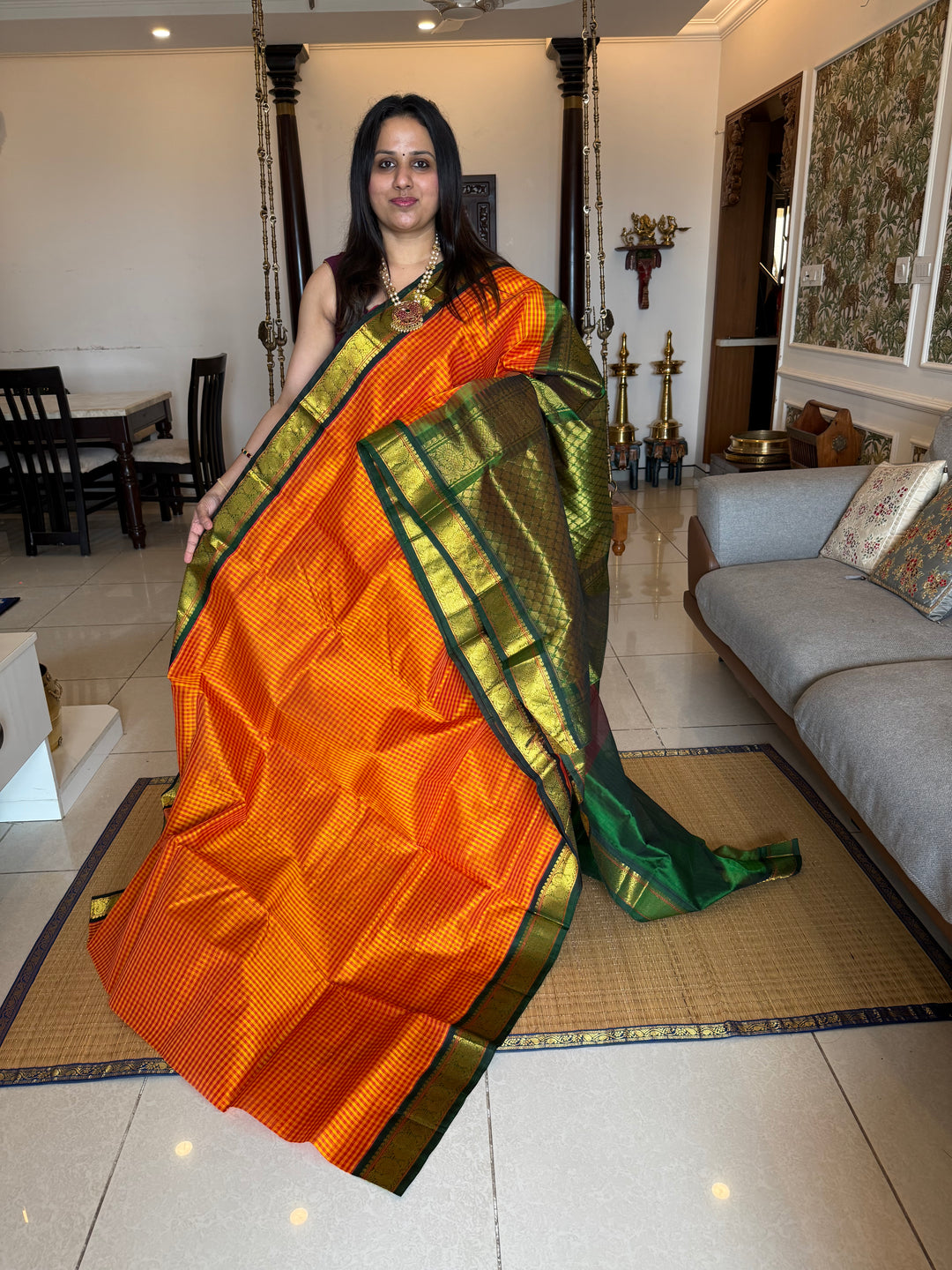 Manjal and Red Podi Kattam with Green , traditional borders and rich Pallu Korvai Silk Cotton Saree