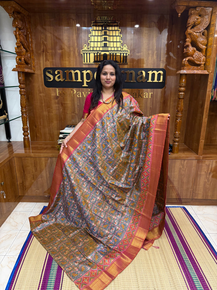 Double Shaded Grey with Red  , Pochampally inspired designs in the body and traditional Kanchi Pallu , Semi Pochampally Silk Saree