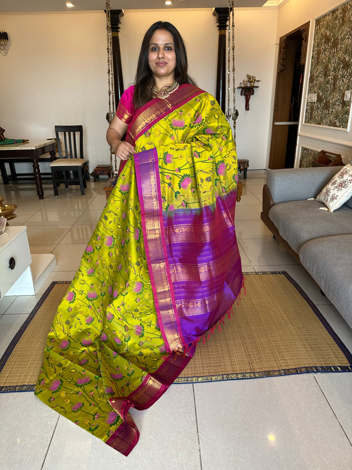 Green with Purple Pichwai Printed Korvai Silk Cotton Saree