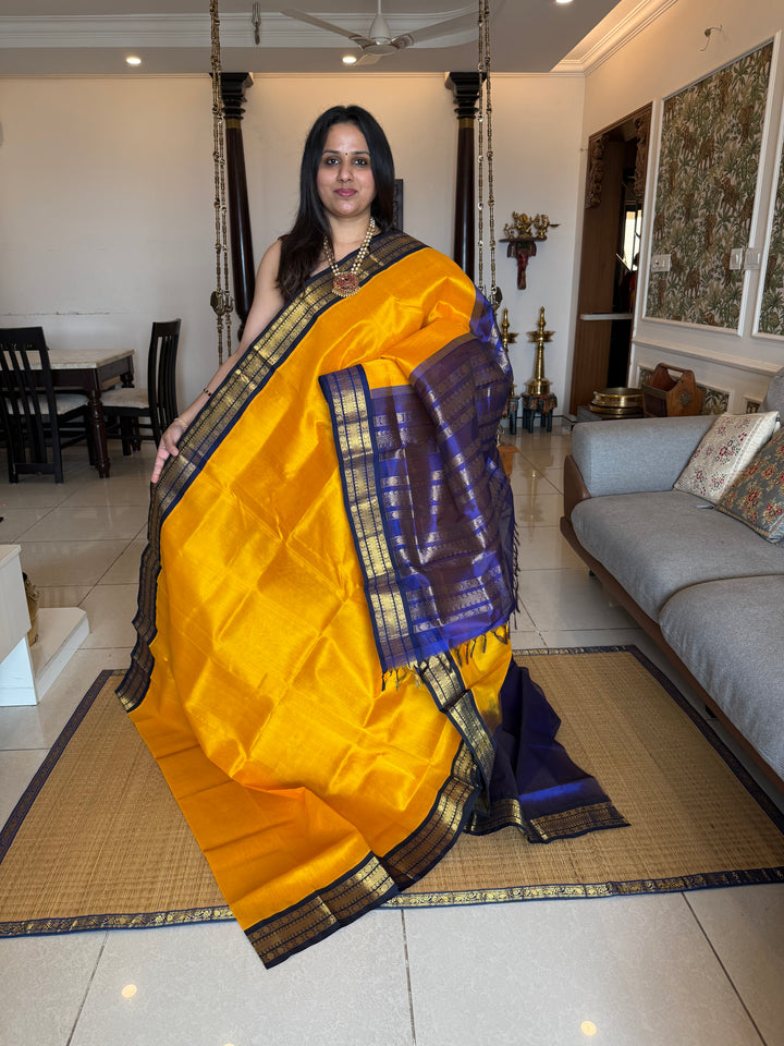 Mambazha Manjal with Blue , traditional borders and rich Pallu Korvai Silk Cotton Saree