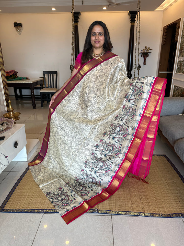 Offwhite with Pink Ganga Jamuna Border Radha Krishna Printed Korvai Silk Cotton Saree