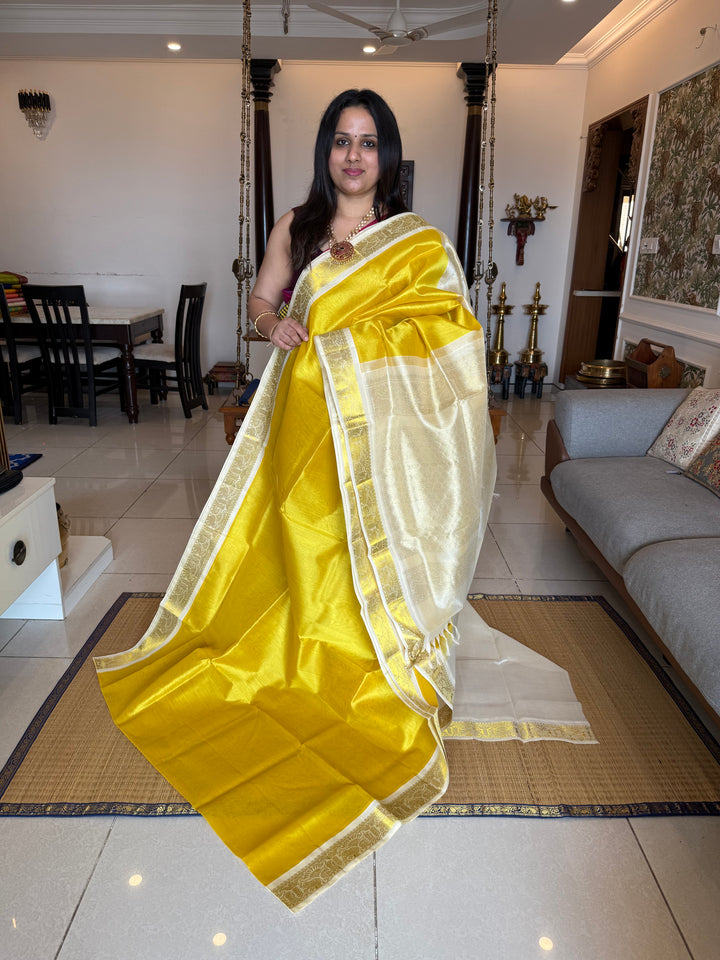 Yellow with Offwhite , traditional borders and rich Pallu Korvai Silk Cotton Saree