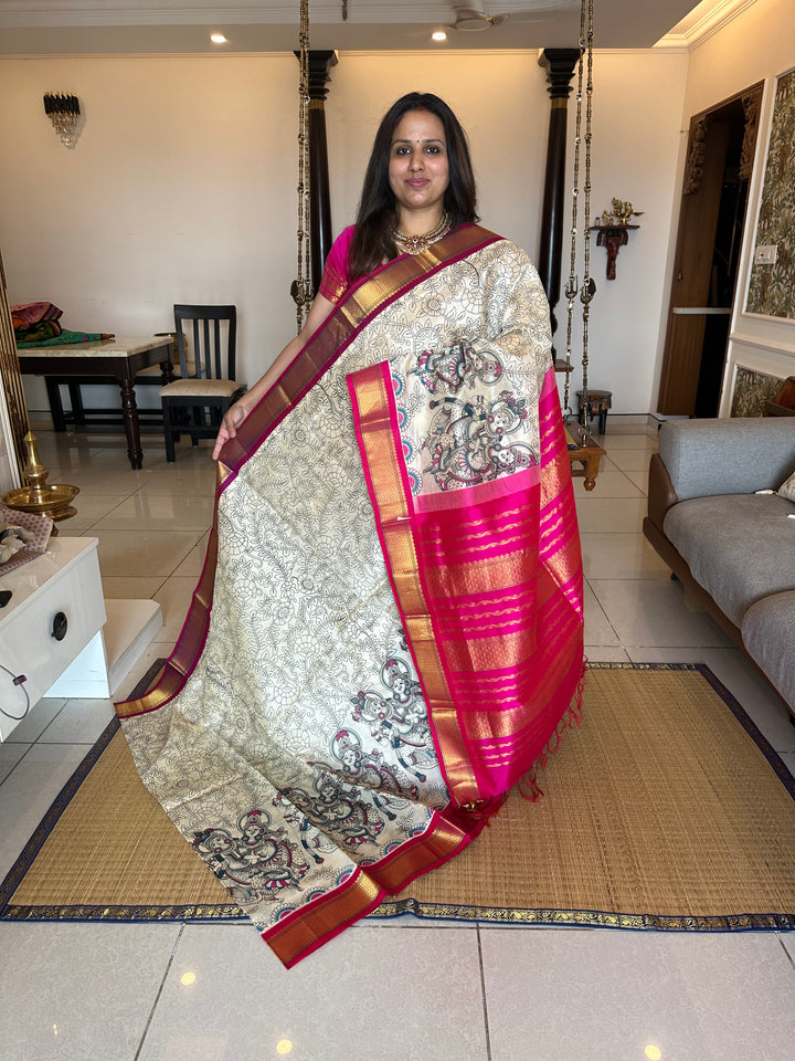 Offwhite with Pink Ganga Jamuna Border Radha Krishna Printed Korvai Silk Cotton Saree