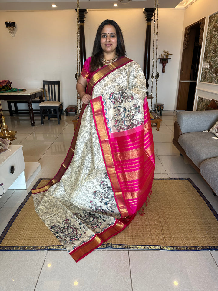 Offwhite with Pink Ganga Jamuna Border Radha Krishna Printed Korvai Silk Cotton Saree