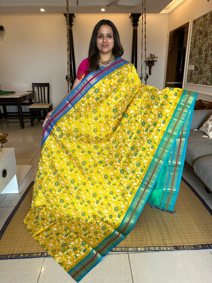 Yellow with Blue Kantha Printed Korvai Silk Cotton Saree