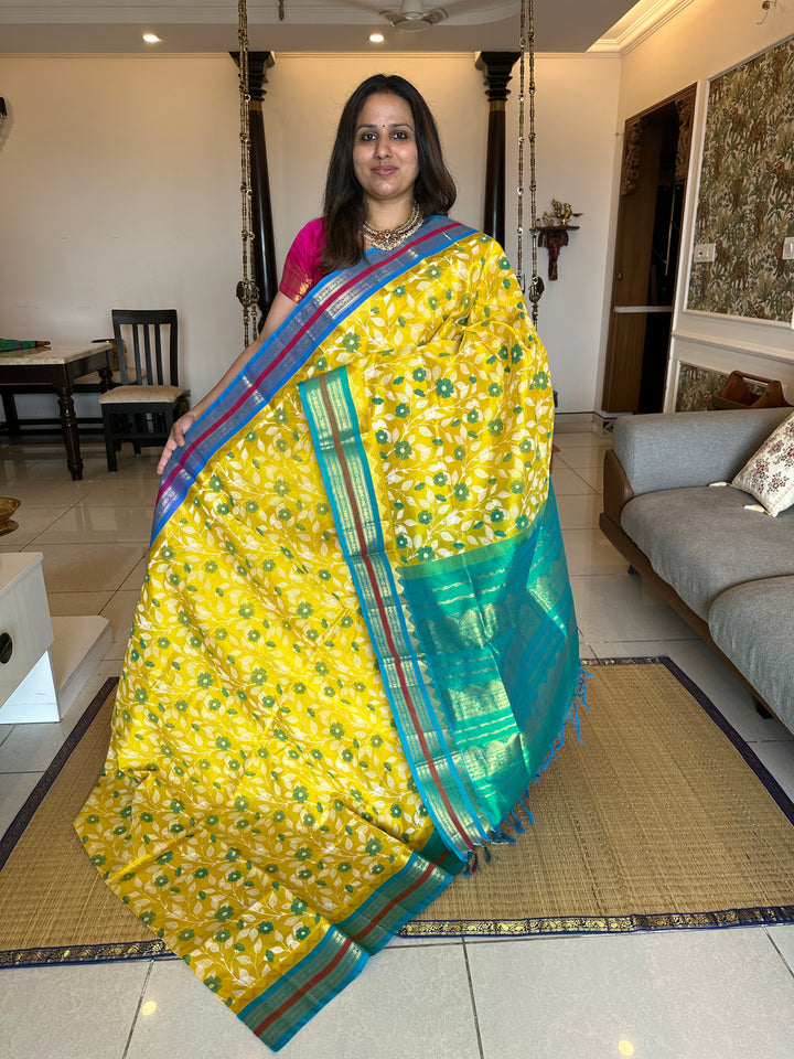 Yellow with Blue Kantha Printed Korvai Silk Cotton Saree