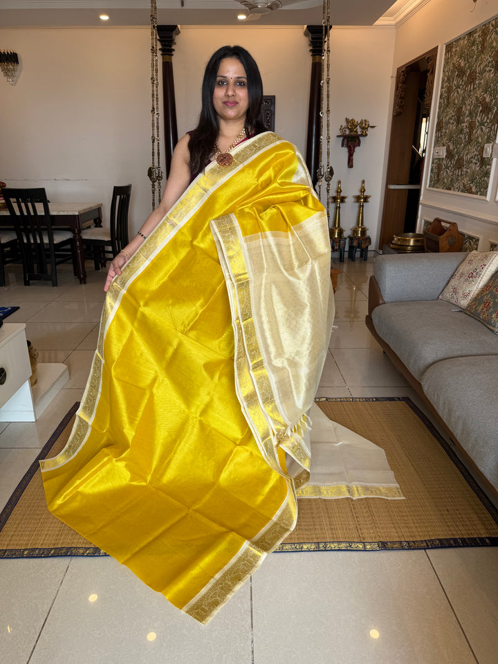 Yellow with Offwhite , traditional borders and rich Pallu Korvai Silk Cotton Saree