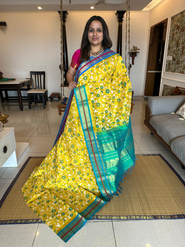 Yellow with Blue Kantha Printed Korvai Silk Cotton Saree