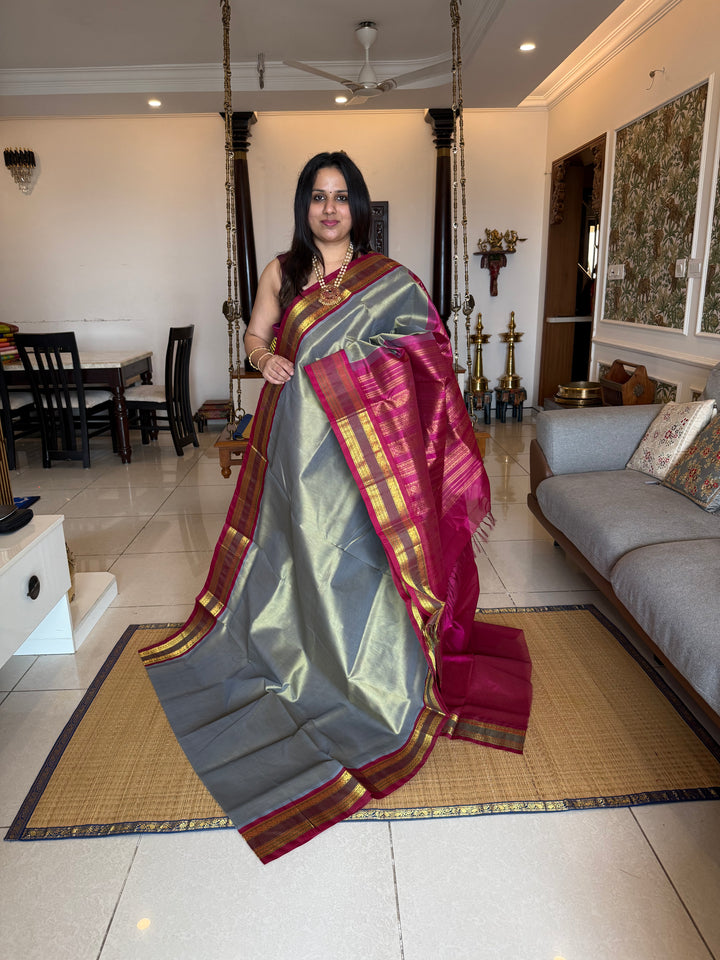 Sage Green with Magenta , traditional Kanchi borders  and rich Pallu  Korvai Silk Cotton Saree