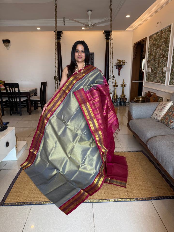 Sage Green with Magenta , traditional Kanchi borders  and rich Pallu  Korvai Silk Cotton Saree